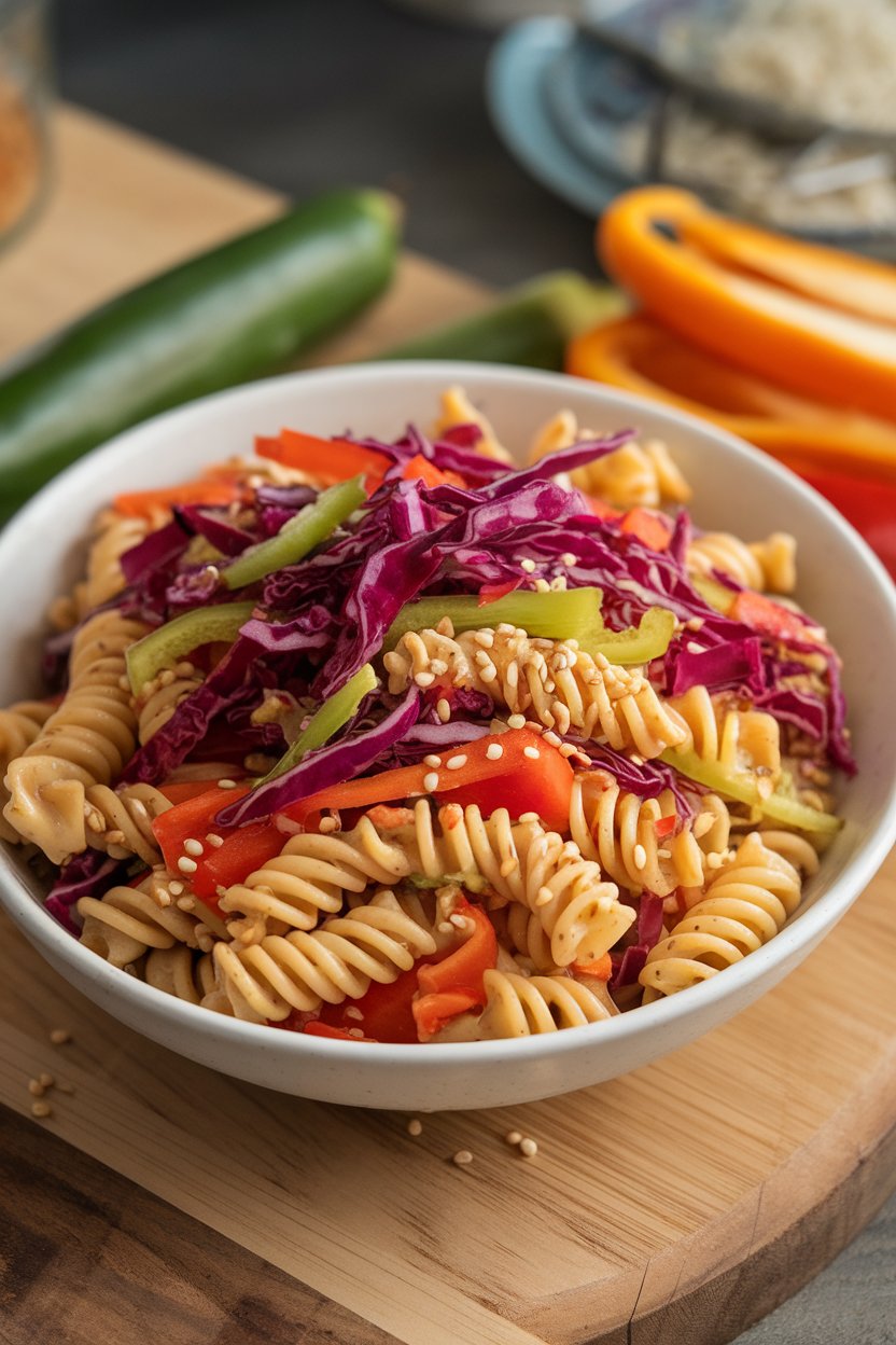 An indoor shot of colorful veggie-infused rotini tossed with shredded red cabbage, bell pepper strips, and sesame dressing; no text or logos.
