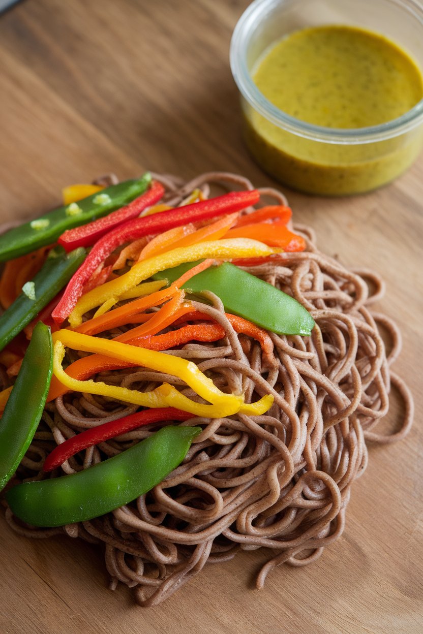 Indoor photo of buckwheat soba noodles tossed with julienned bell peppers, snap peas, and a ginger dressing. No text or logos.