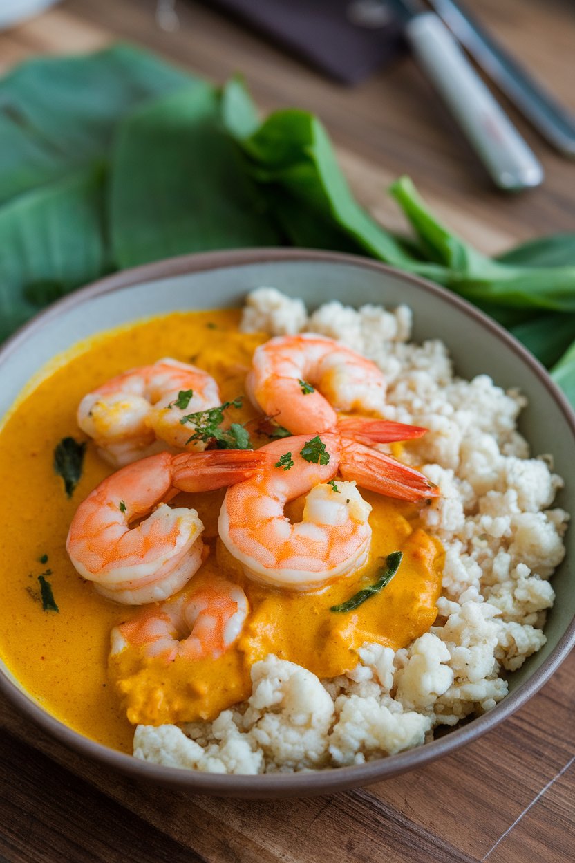 Indoor food photo of cooked shrimp in yellow curry sauce over cauliflower rice in a shallow bowl; no text or logos.
