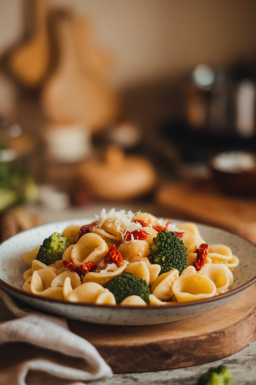 A warmly lit indoor scene with orecchiette pasta, broccoli florets, and chopped sun-dried tomatoes tossed in olive oil; no text or logos.