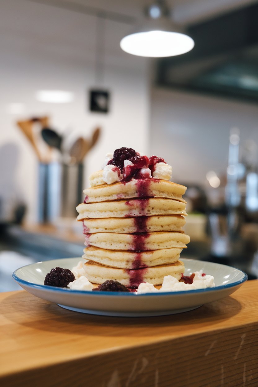 A plate on an indoor breakfast bar stacked with small fluffy pancakes, dotted with cottage cheese curds and topped with berry compote. No text or logos. Photo.