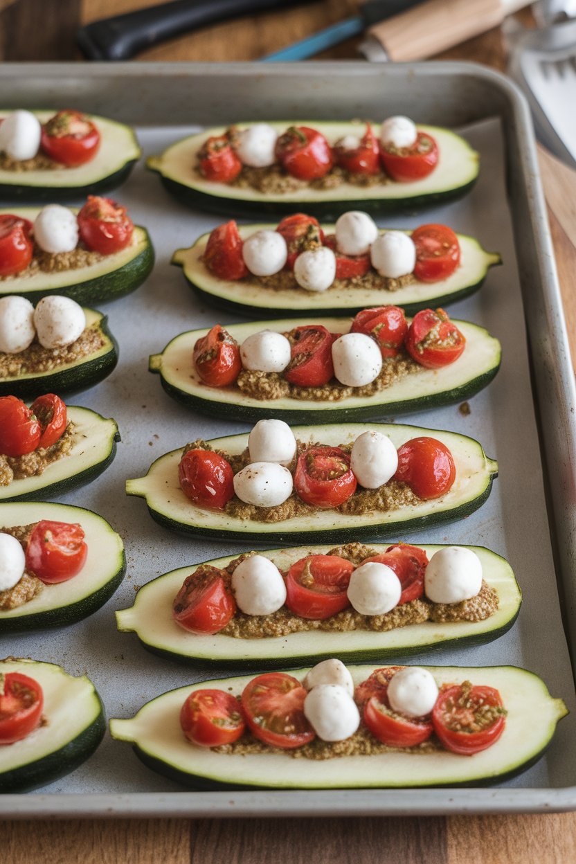 An indoor baking tray showing halved zucchini filled with pesto, cherry tomatoes, and mozzarella pearls, just pulled from the oven. No text or brands visible.