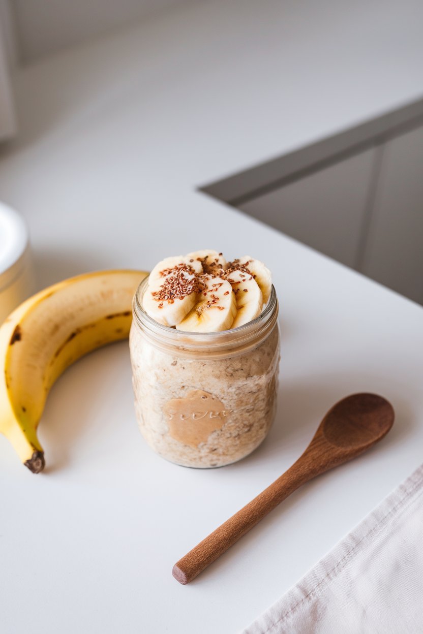 Indoor breakfast bar view showing a jar packed with peanut butter oats, banana slices, and a sprinkle of ground flaxseed on top. No logos. Photo only.