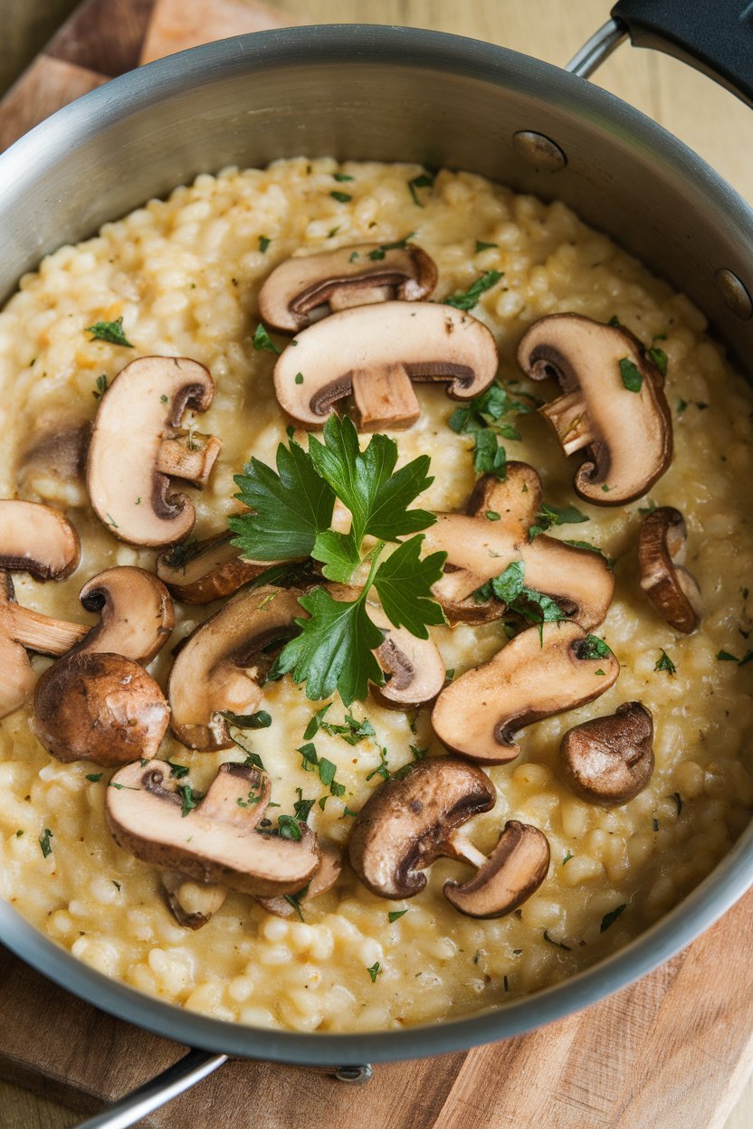 Photo of an indoor saucepan containing creamy barley risotto with sliced mushrooms and parsley, no text or logos