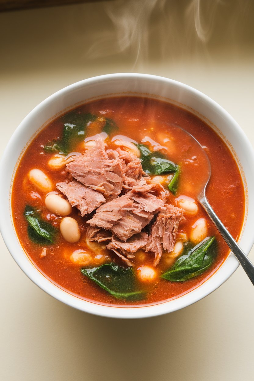 Bowl of tomato-based soup with tuna flakes, white beans, and spinach, steam visible; indoor, no logos.