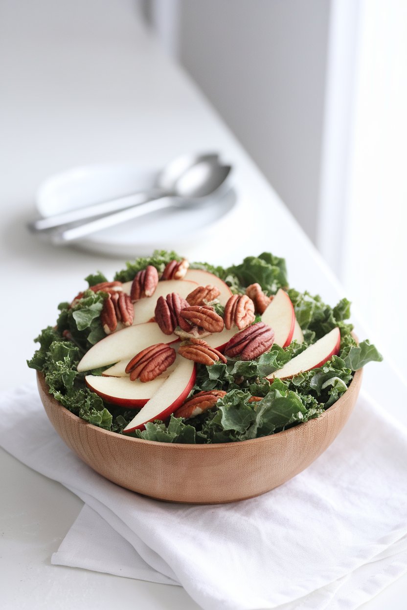 A bright indoor scene of a wooden salad bowl brimming with chopped kale, thin apple slices, and pecan halves, lightly dressed and glistening. No text or logos present.