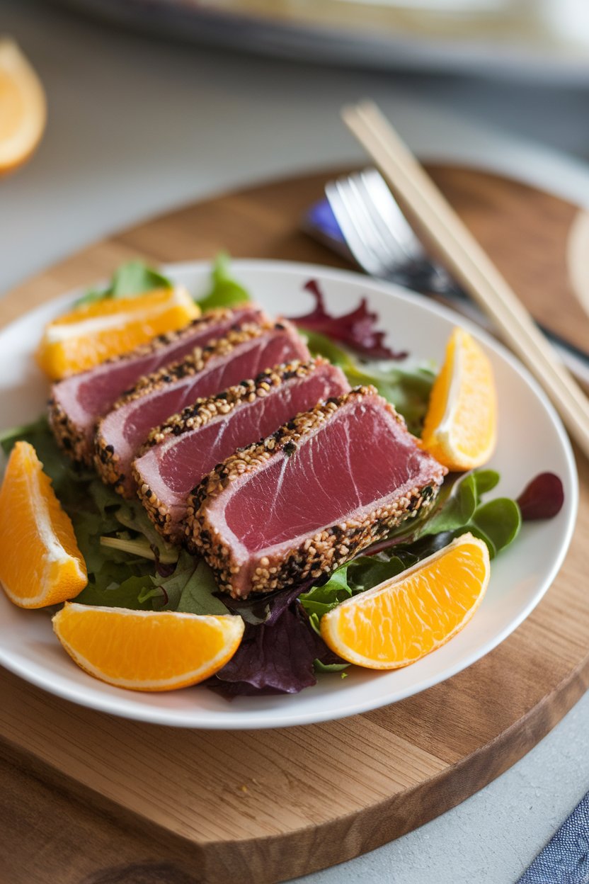An indoor plate of seared sesame-crusted tuna slices on mixed greens with orange segments. No text or logos.