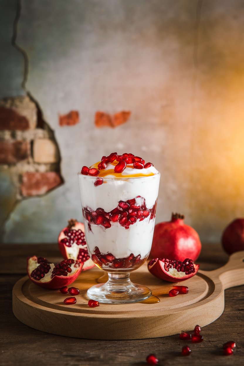 Indoor photo of layered parfait glass with thick Greek yogurt, pomegranate arils, and a drizzle of raw honey. No text or logos.