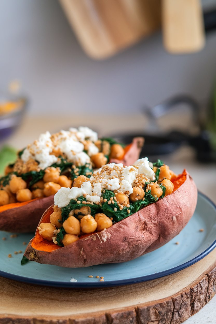Indoor plate with halved roasted sweet potatoes stuffed with chickpeas, spinach, and feta crumbles. No text or logos.