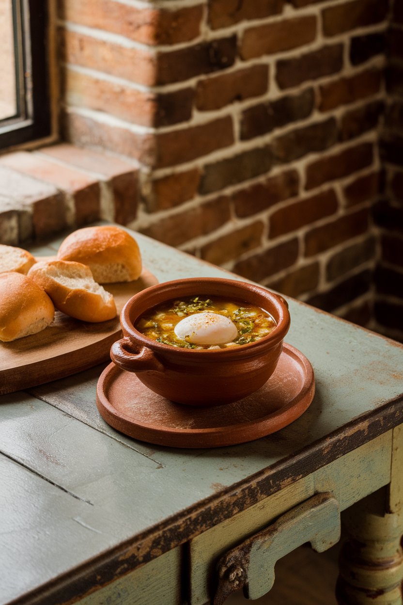 Indoor rustic Spanish table with clay bowl of garlic soup, poached egg floating in broth. No text or logos. Photo.
