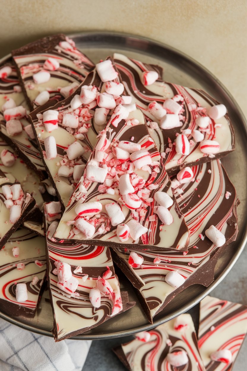 Square pieces of dark and white chocolate bark swirled with crushed candy canes on an indoor platter. No text or logos. Photo.