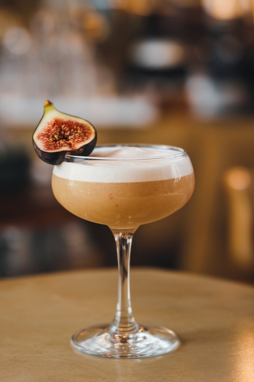 Indoor coupe glass with creamy foam-topped fig sour, half fig resting on rim. No text or logos.