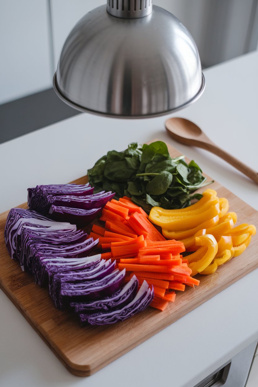 Photo of an indoor cutting board featuring a fan of sliced purple cabbage, orange carrots, yellow bell peppers, and green spinach; overhead pendant light; no text or logos.