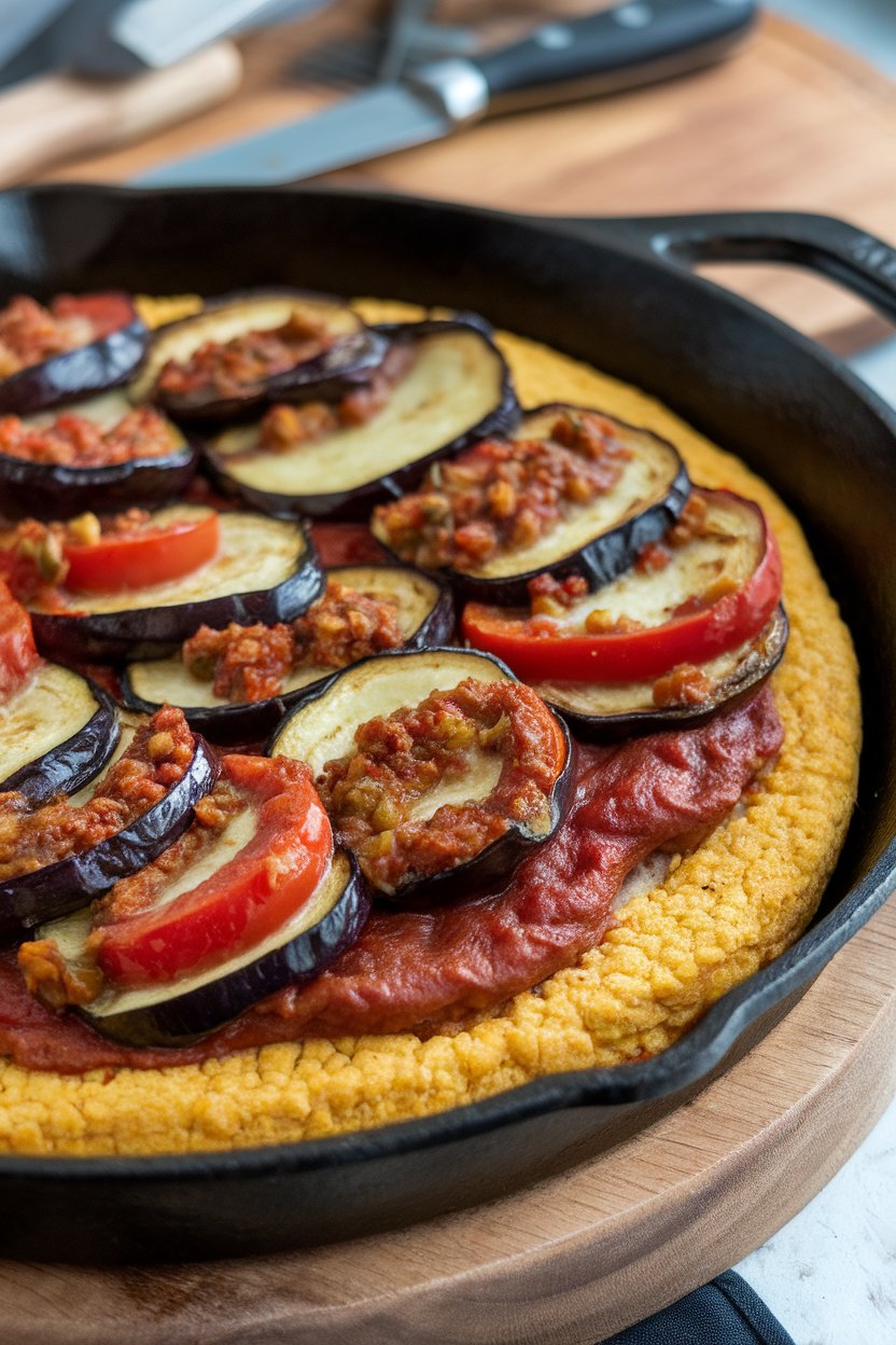 Indoor photo of golden polenta crust pizza topped with ratatouille vegetables—eggplant, zucchini, tomato—on a cast-iron skillet, no text or logos
