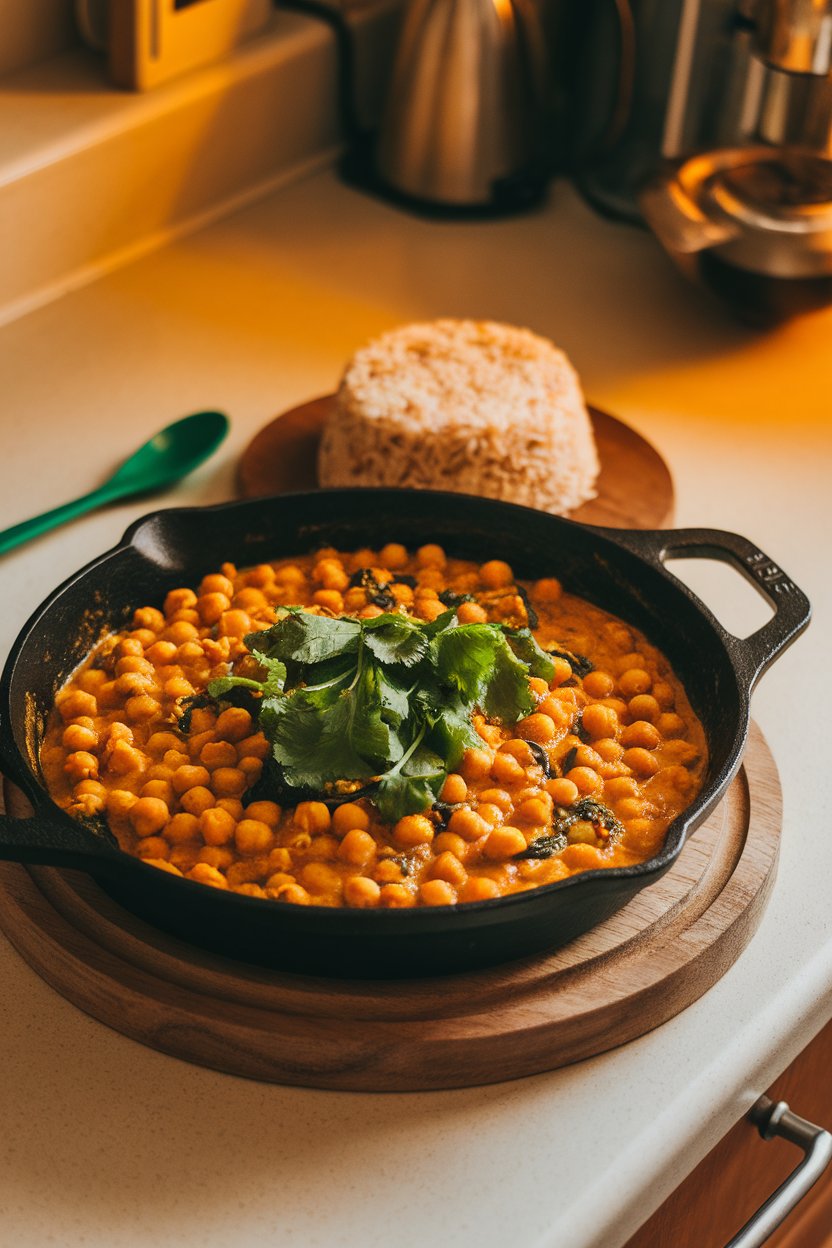 An indoor kitchen countertop scene featuring a cast-iron skillet of golden chickpea spinach curry garnished with cilantro, served beside a mound of brown rice. Steam is visible; no logos or text.