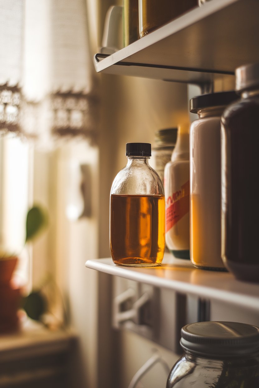 Photo of a small glass bottle of apple cider vinegar on a kitchen shelf indoors, ambient lighting, no text or logos