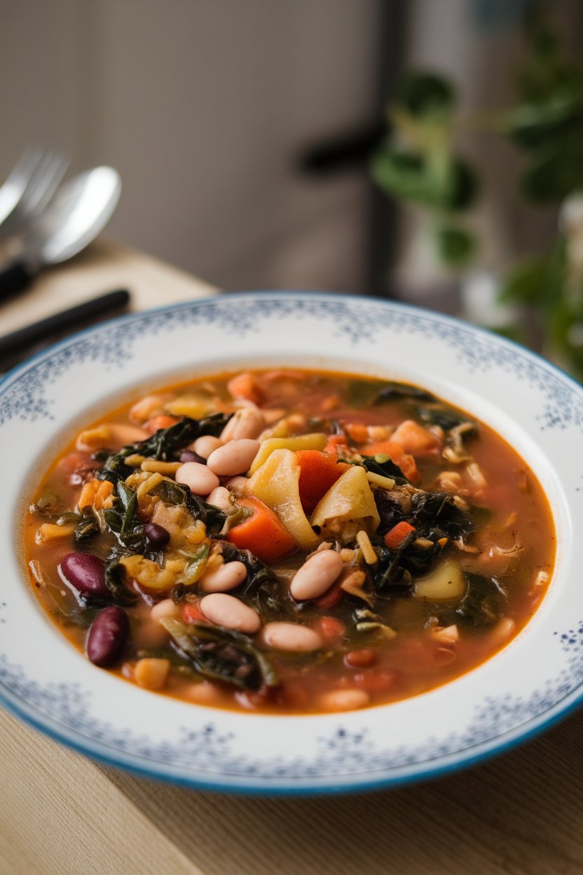 An indoor plate of minestrone packed with beans, greens, and root vegetables; no logos. Photo only.