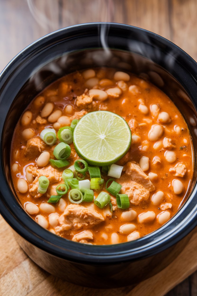 Indoor soup crock of white bean chicken chili topped with green onions and a lime wedge; steam visible; photo, no text or logos.