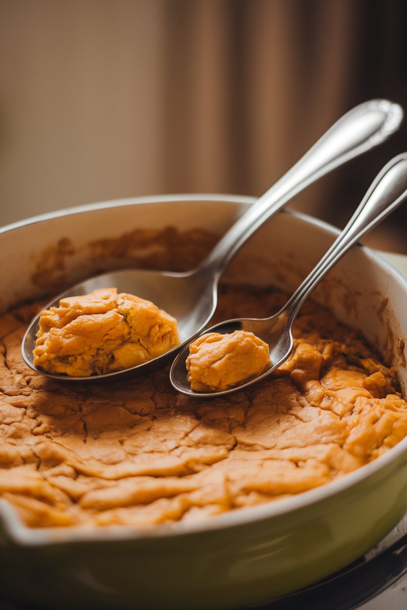 Indoor comparison photo of a large serving spoon next to a smaller one, highlighting portion size impact, both resting on a casserole dish. Soft lighting, no text or logos.