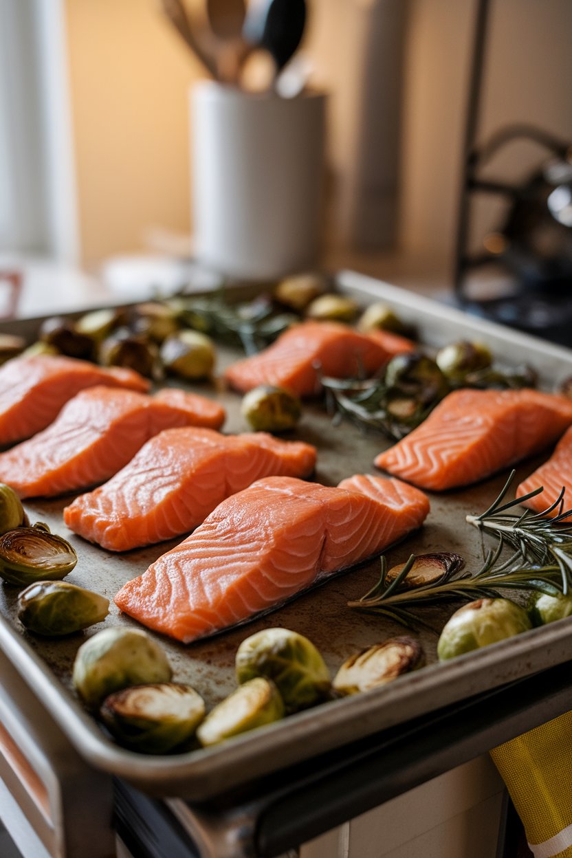 Photo of a sheet pan indoors lined with cooked salmon fillets and roasted Brussels sprouts, rosemary sprigs visible. No text or logos.