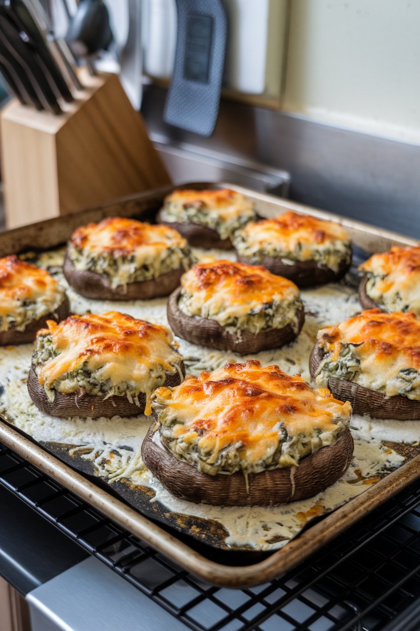 Indoor baking sheet of large portobello caps filled with creamy spinach artichoke mixture, cheese bubbling on top. No text or logos.