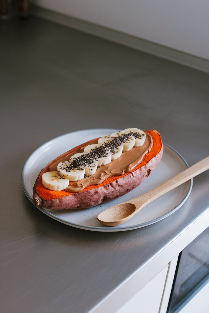 Indoor counter holding roasted sweet potato slabs spread with peanut butter, topped with banana slices and chia seeds. Photo, no text or logos.