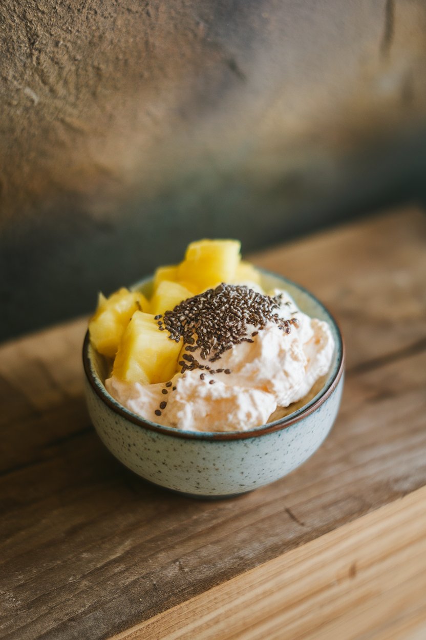 Indoor photo of a small bowl with creamy cottage cheese, pineapple chunks, and a sprinkle of chia seeds, no text or logos.