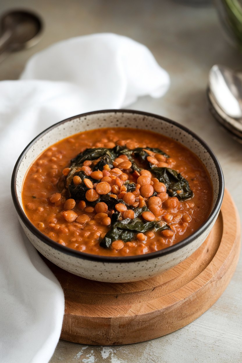 An indoor soup bowl filled with thick red lentil stew, bright green spinach leaves floating on top; no text or logos.