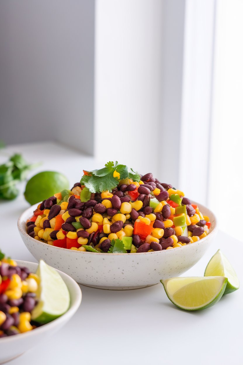 A brightly lit indoor bowl of black bean and corn salad with diced bell peppers and cilantro, lime wedges on the side. Photo, no branding.