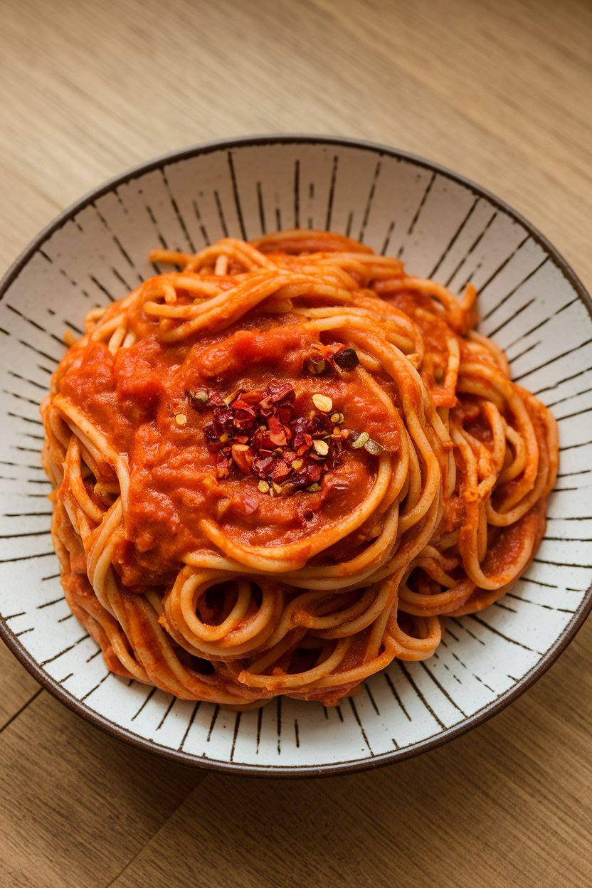 Indoor food photo of whole-wheat spaghetti in spicy tomato sauce on a noodle plate; red chili garnish, no text or logos.