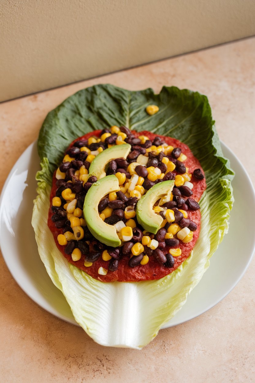 Indoor photo of large romaine leaves acting as flat pizza base topped with black beans, corn, and avocado on a plate, no text or logos