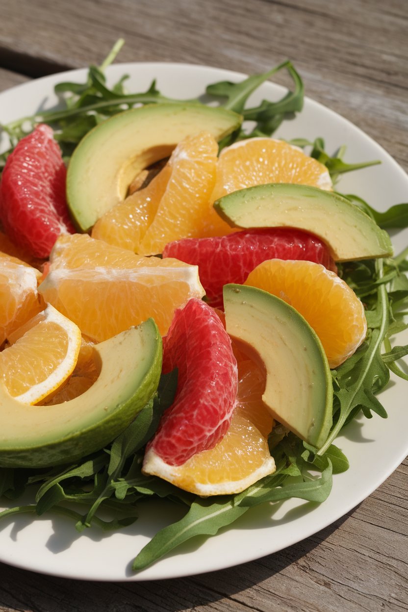 Indoor bright-light photo of mixed citrus segments and avocado slices arranged over arugula, light vinaigrette glistening. No text or logos.