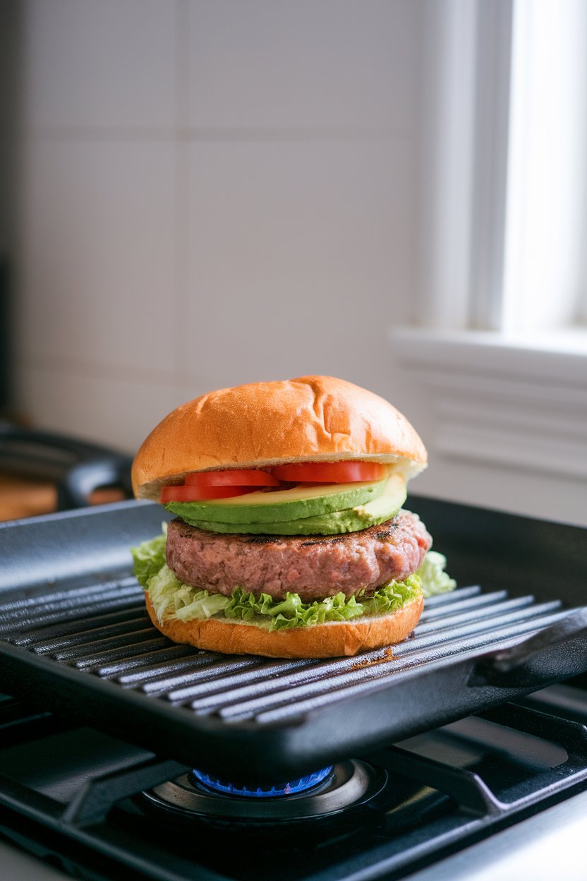Photo of an indoor grill pan with a lean turkey burger topped with avocado, lettuce, and tomato; stovetop lighting; no text or logos.