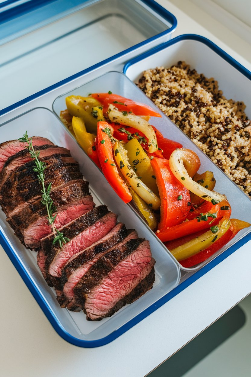 A divided meal-prep box indoors featuring sliced grilled flank steak, sautéed bell peppers and onions, and a side of quinoa. No text or logos.