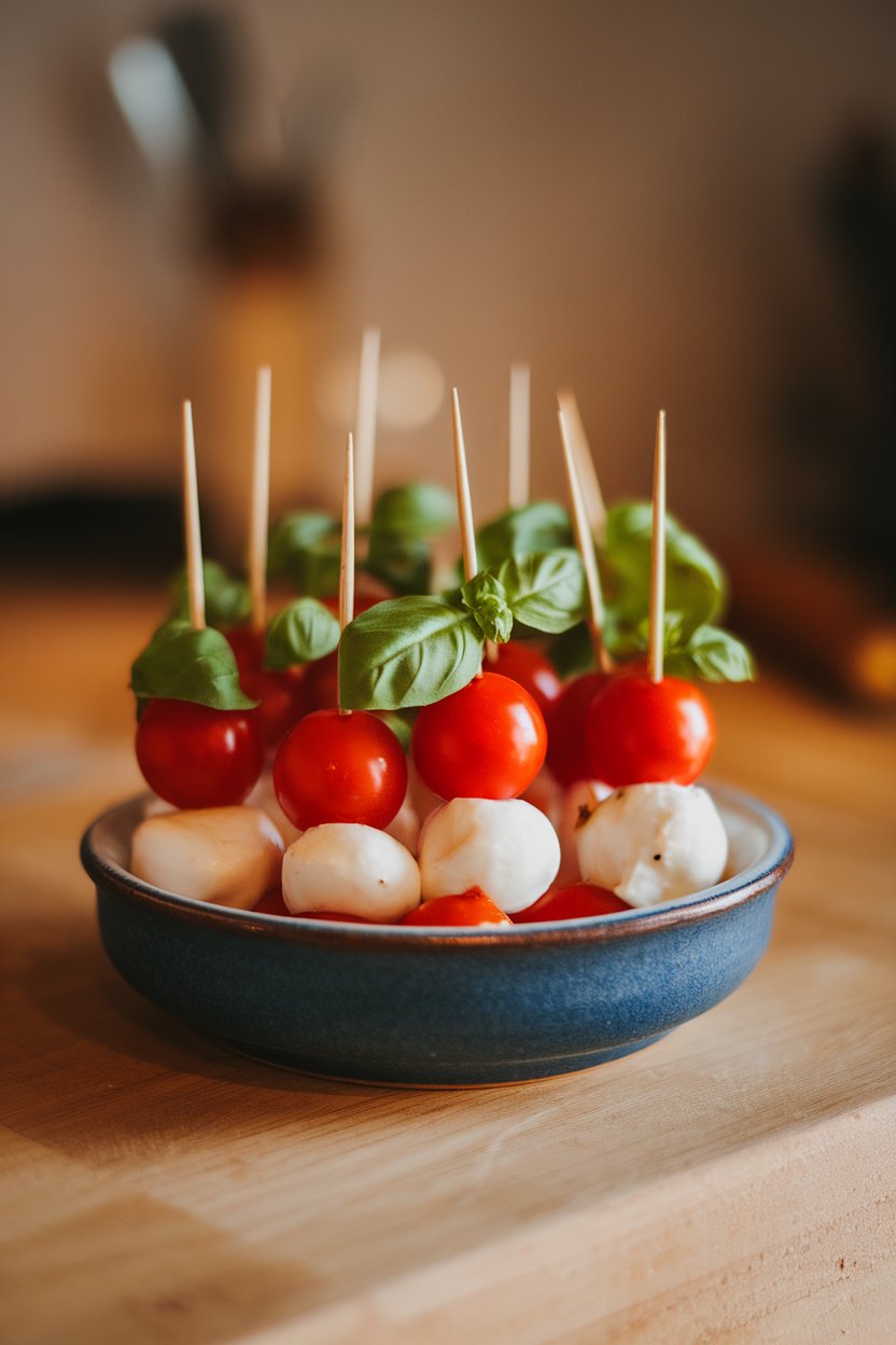 Indoor ceramic dish lined with toothpick skewers of cherry tomato, mozzarella pearl, and basil leaf. No text or logos.