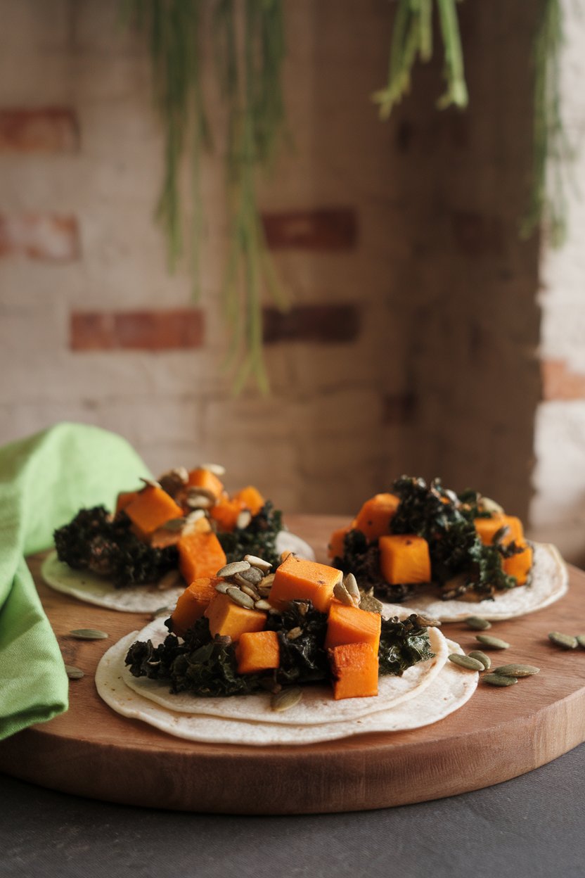 Photo indoors of warm tortillas with roasted butternut cubes, sautéed kale, and pumpkin seeds. No text or logos.