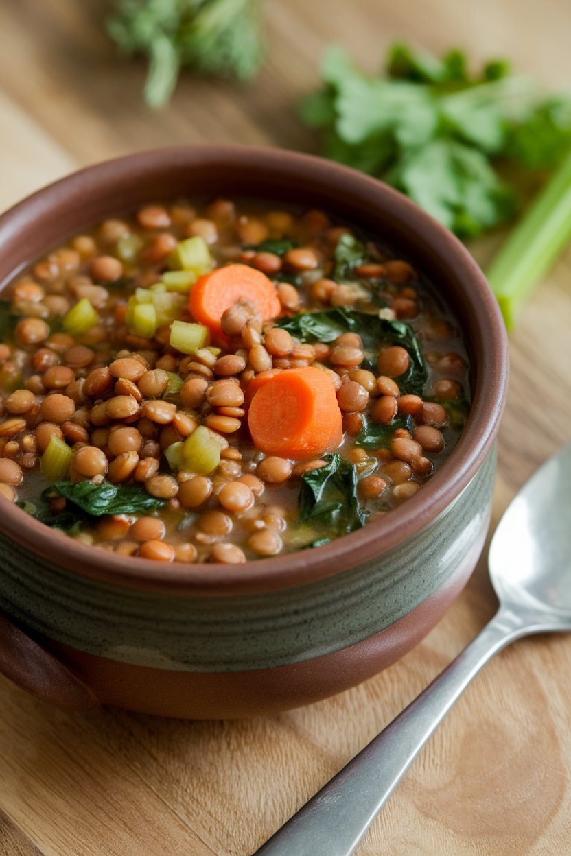 Indoor shot of a ceramic soup bowl filled with hearty lentil soup dotted with carrots, celery, and spinach; a spoon rests nearby; photo, no text or logos.