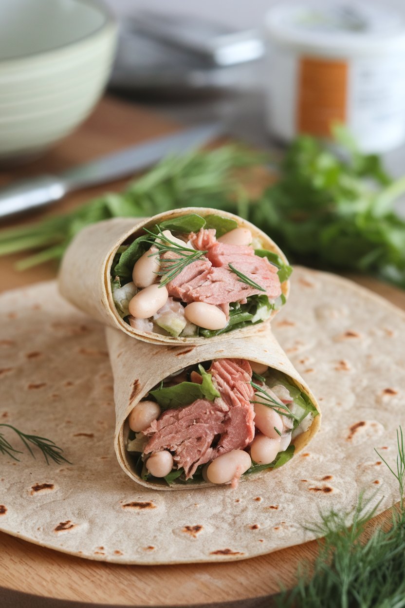 Indoor wrap sliced in half showing tuna, white beans, dill, and greens inside a whole-grain tortilla. No text or logos.