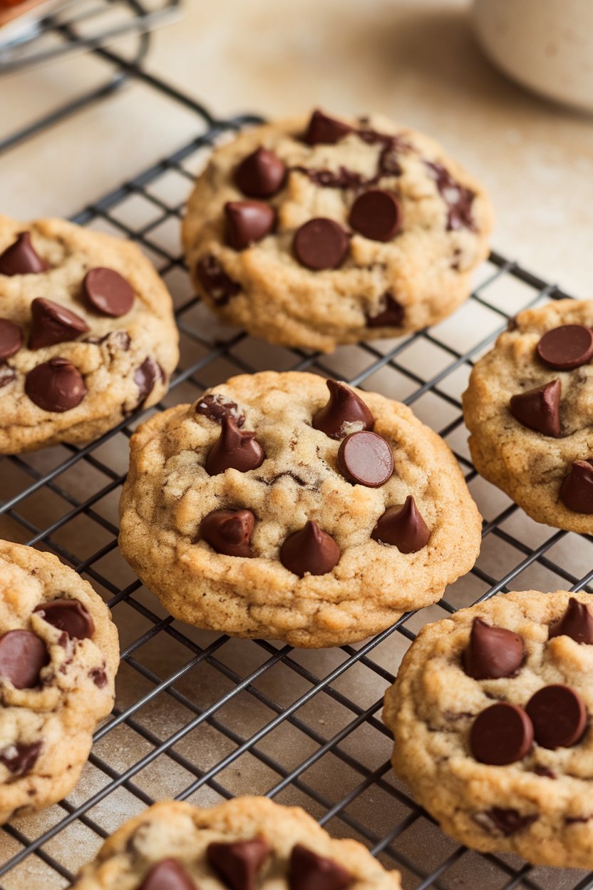 Indoor photo of soft quinoa-flour chocolate chip cookies cooling on a rack. No text or logos.