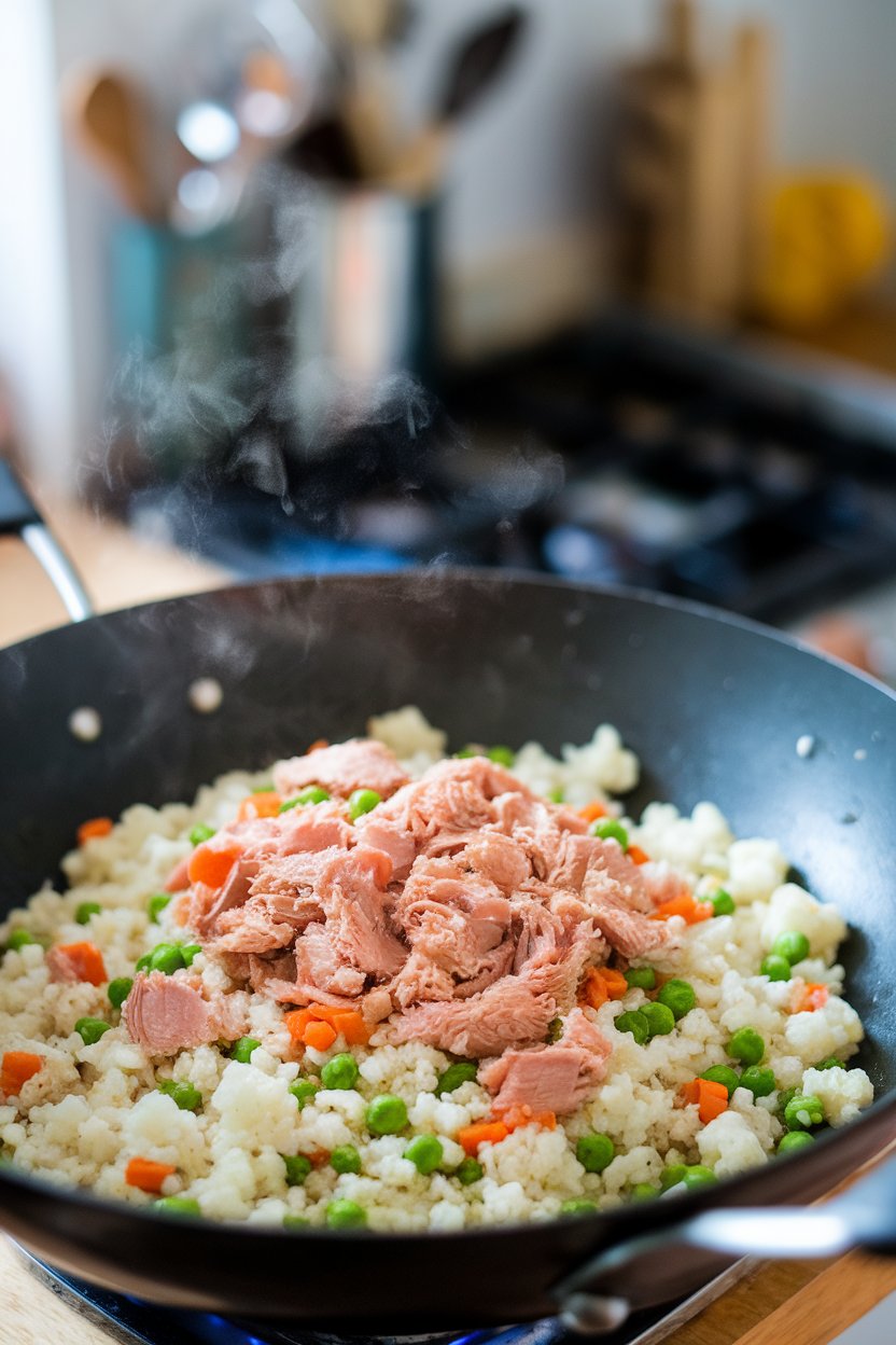 Wok shot of cauliflower rice mixed with cooked tuna, peas, and diced carrots; indoor kitchen, steam visible, no logos or text.
