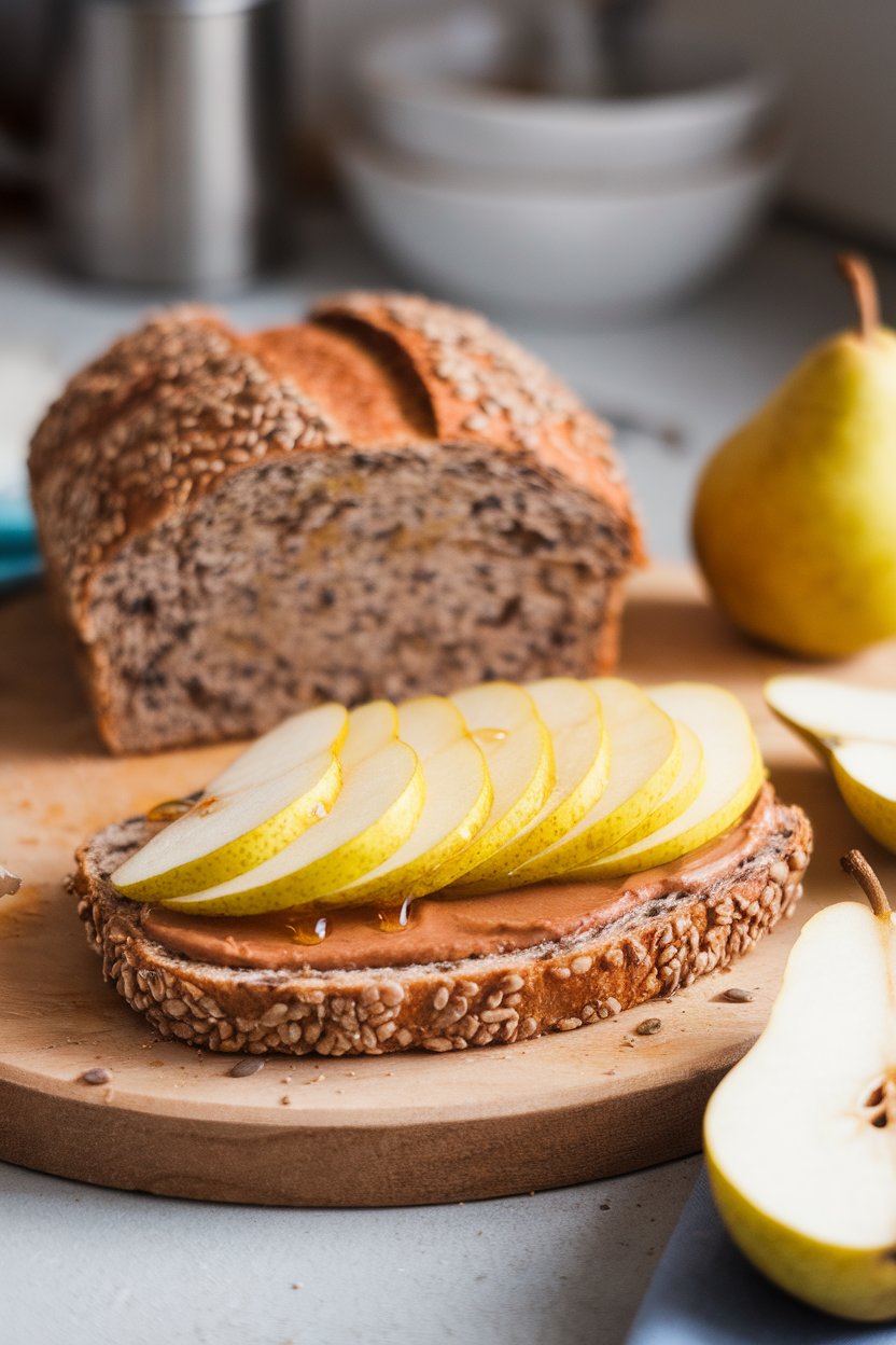 Indoor photo of seeded bread topped with sunflower seed butter and thin pear slices, drizzle of honey, no text or logos