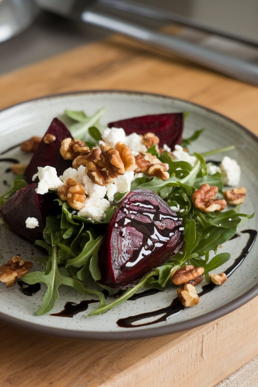 Indoor photo of a shallow salad plate showcasing roasted beet wedges, peppery arugula, crumbled goat cheese, and toasted walnuts, drizzled lightly with balsamic. No text or logos.