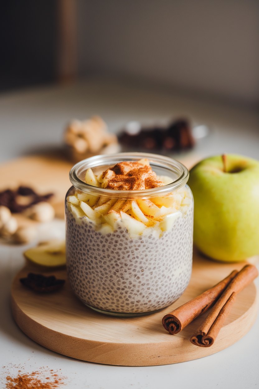 Indoor photo of a glass jar with layered chia pudding, grated apple, and cinnamon sprinkle, no text or logos.