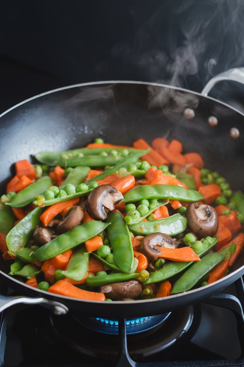 An indoor stovetop wok brimming with snap peas, bell peppers, mushrooms, and carrots coated in glossy ginger sauce; steam rising, no text or logos; photo