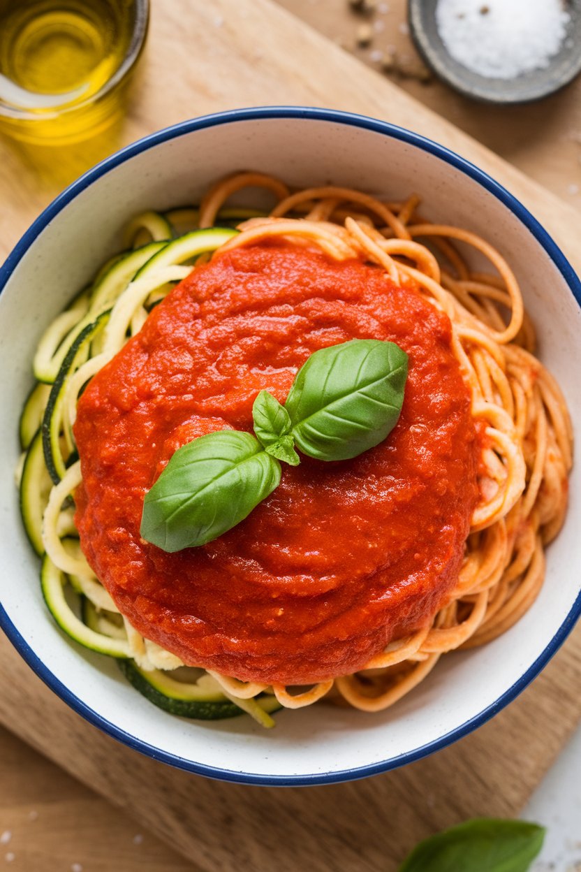 Indoor photo of a bowl containing a 50/50 mix of zucchini noodles and spaghetti topped with marinara. Overhead light, no text or logos.