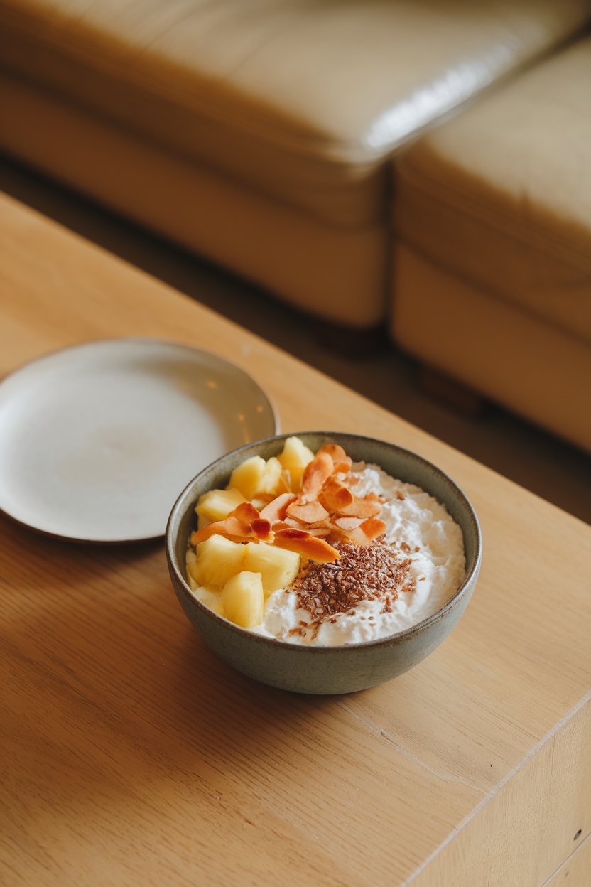 Indoor breakfast scene with a bowl of cottage cheese, pineapple chunks, toasted coconut flakes, and a sprinkle of flaxseed. Photo, no text or logos present.
