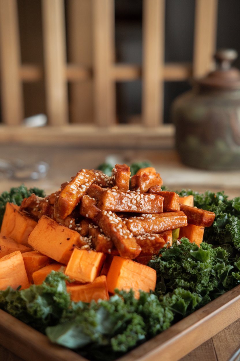 Indoor image of baked sweet potato cubes, ginger-peanut glazed tempeh strips, and steamed kale. No text or logos.