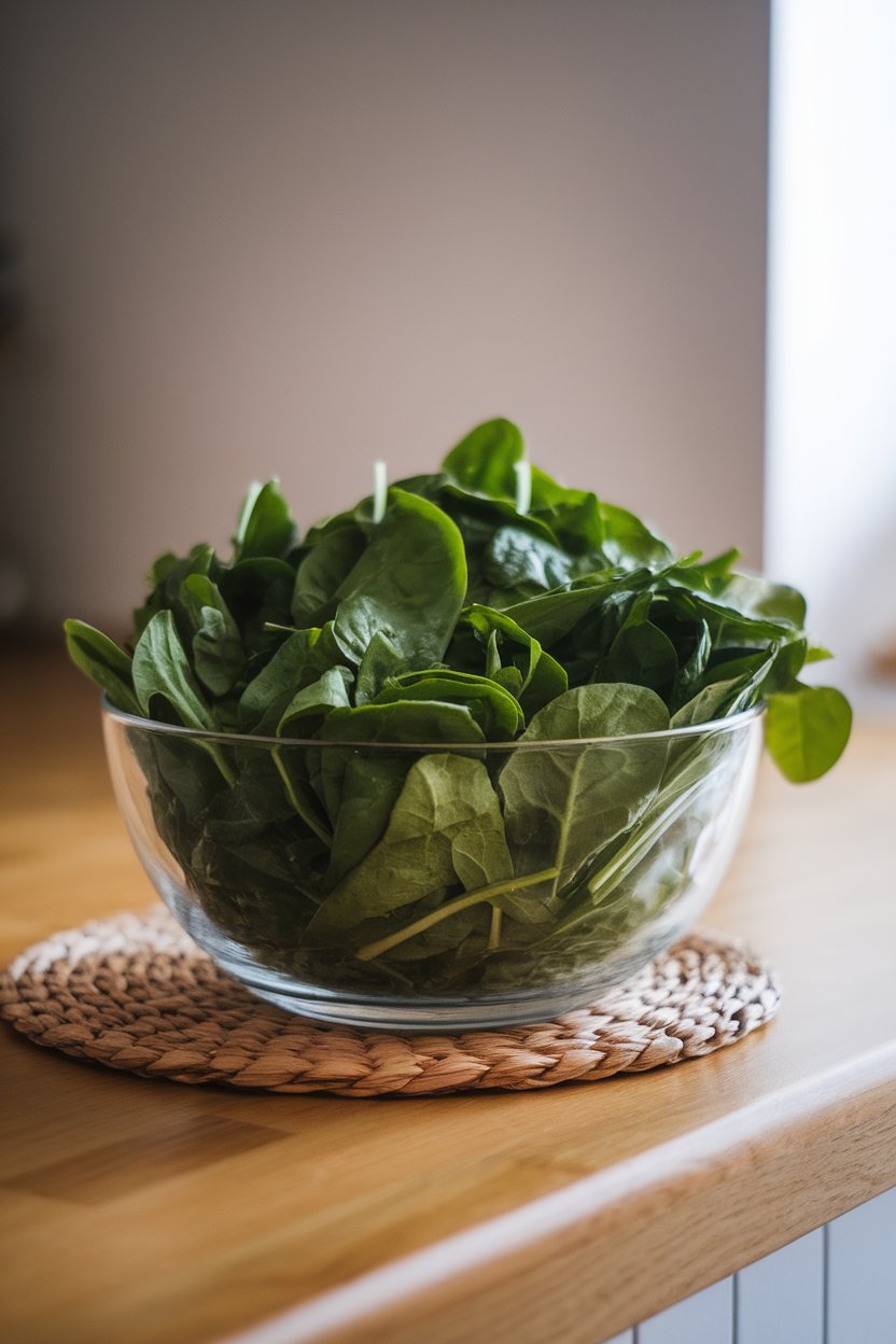 Photo of a clear glass bowl piled high with bright green spinach leaves on an indoor wooden countertop, diffused morning light from the side, no text or logos