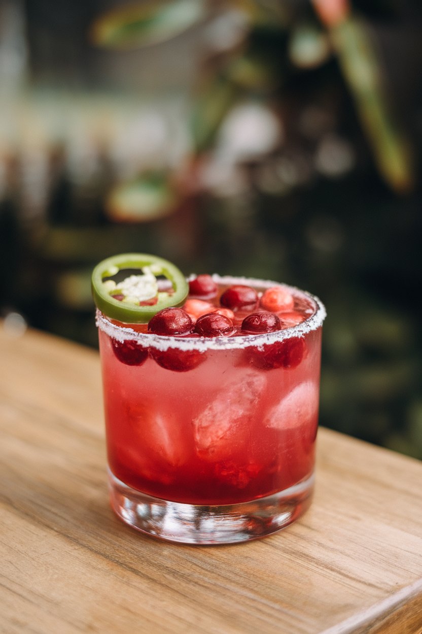 Indoor close-up, rocks glass of crimson margarita garnished with thin jalapeño slice floating among cranberries; no logos.