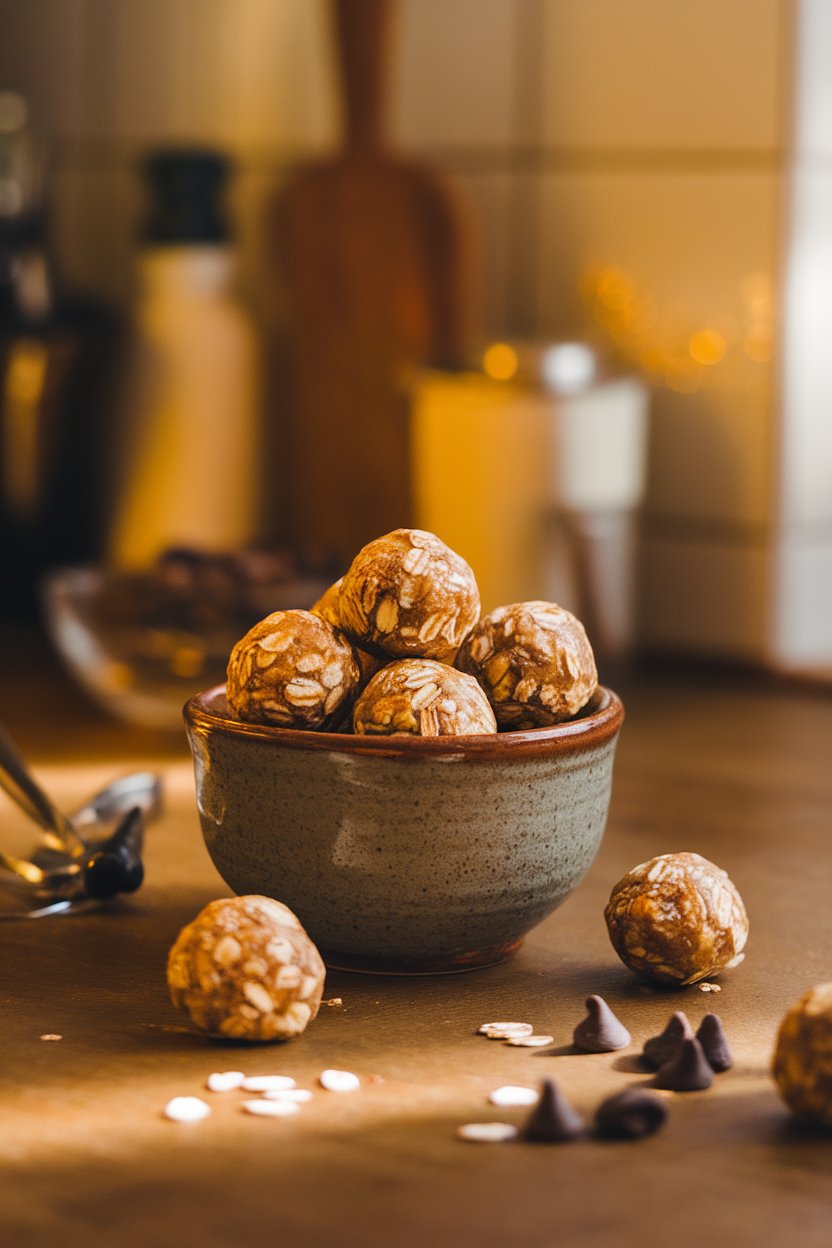 A warmly lit indoor countertop showing a rustic ceramic bowl filled with round almond butter oat energy bites, a few scattered rolled oats and dark chocolate chips for styling. Photo only, no text or logos.